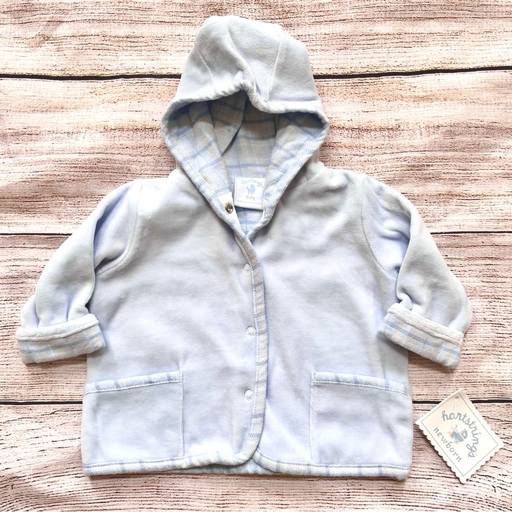 NWT Hartstrings Pale Blue Velour w. Plaid Hoodie Knit Jacket Boy’s Sz 6M